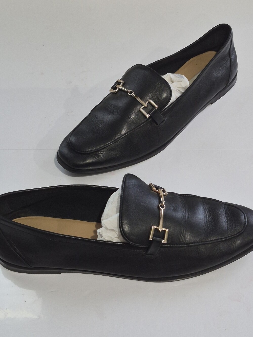 H&M Black Leather Bit Loafers with Gold Hardware US 9